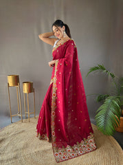 Red Tussar Silk Saree with Embroidery Work