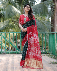 Premium Red Pure Bandhej Silk Saree with Zari Weaving, Rich Tissue Pallu & Unstitched Blouse Piece.