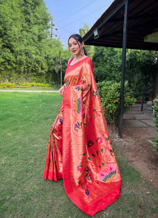 Red Color Pure Paithani Saree with Unstitched Blouse