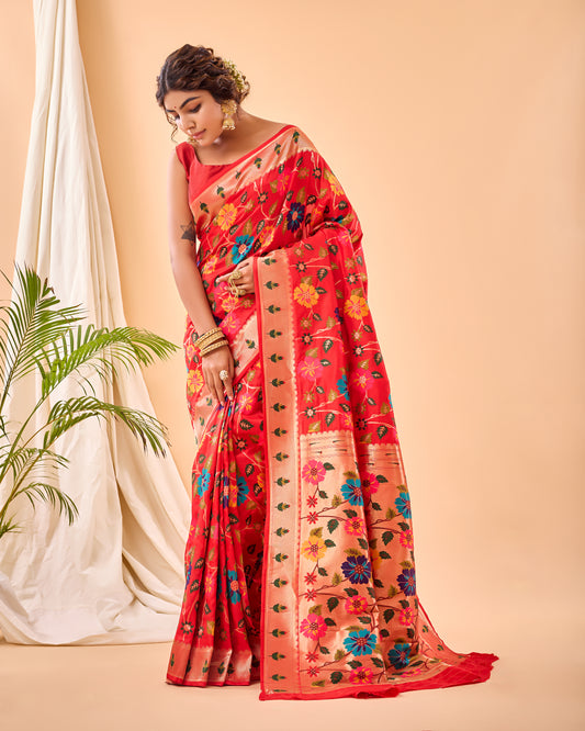 Red Color Pure Paithani Silk Saree with Jaal Design