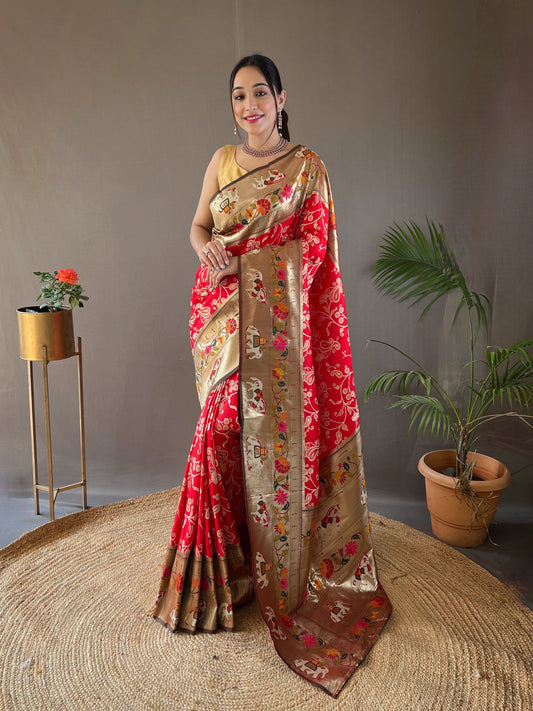 Red Lucknowi Weaving Saree with Paithani and Patola Fusion