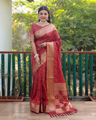 Elegant Red Handloom Silk Bandhej Patola Sarees with Kanchi Borders & Unstitched Blouse.