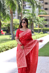 Red Bangalore Handloom Raw Silk Saree withRunning Blouse