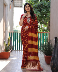 Authentic Red Bandhej Silk Saree with Zari Weaving, Rich Tissue Pallu, Sibory Design & Matching Blouse.