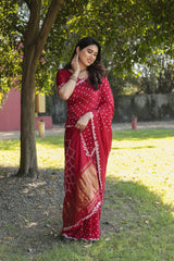 Red Bandhej Silk Saree with Bandhej Border