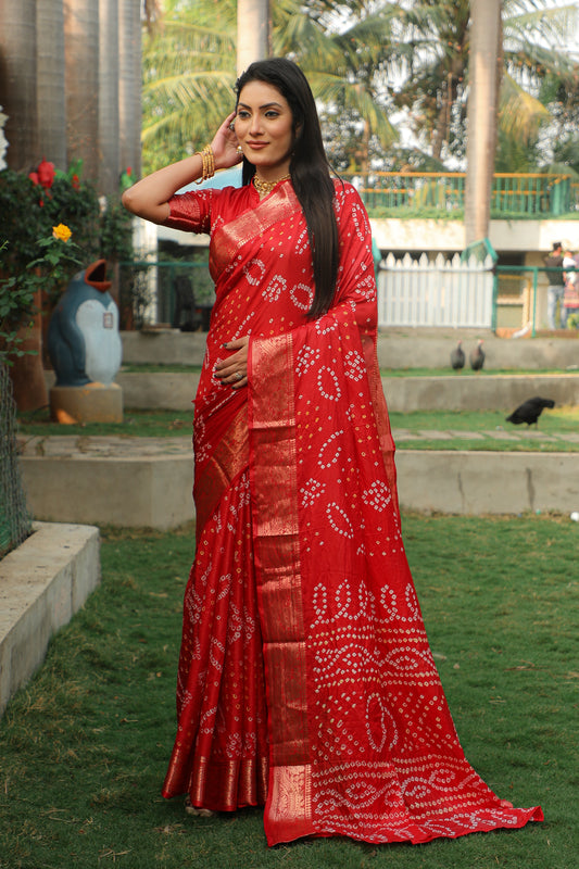 Red Handmade Bandhej Silk Saree with Matching Blouse