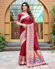 Red Bandhej Paithani Silk Saree and Matching Blouse