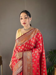 Red Color Rosy Soft Silk Saree with Beautiful Border, Rich Pallu & Full Brocade | Unstitched Blouse Included.