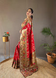 Red Lucknowi Weaving Saree with Paithani and Patola Fusion