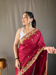 Red Tussar Silk Saree with Embroidery Work