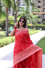 Red Bangalore Handloom Raw Silk Saree withRunning Blouse