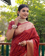 Elegant Red Handloom Silk Bandhej Patola Sarees with Kanchi Borders & Unstitched Blouse.