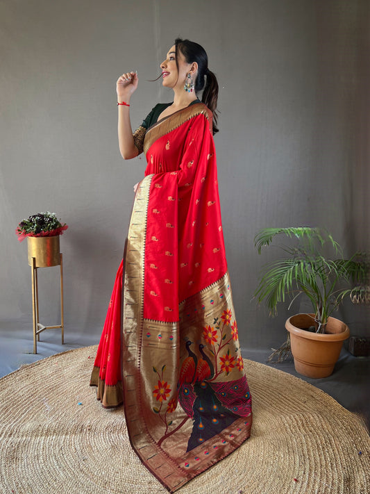 Red Color Paithani Silk Saree with Contrast Weaving Pallu