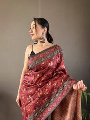 Red Digital Print Semi Silk Saree with Soft Weaves, Elegant Pallu & Border, Tassels, and Unstitched Blouse Piece.