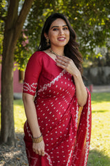 Red Bandhej Silk Saree with Bandhej Border