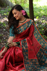 Red Soft Tussar Silk Saree with Beautiful Peacock Prints