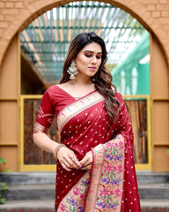 Premium Red Bandhej Paithani Silk Saree – High Quality, Stylish Design with Zari Weaving, Paithani Border, Rich Pallu, and Matching Blouse.