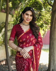 Luxurious Red Bandhej Silk Saree with Zari Weaving and Rich Tissue Pallu – Elegant Bandhej Border & Matching Blouse.