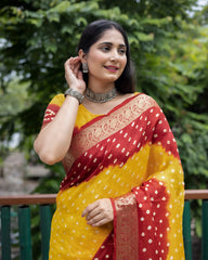 Authentic Red Pure Bandhej Silk Saree with Zari Weaving, Broad Border, Rich Pallu & Unstitched Blouse Piece.