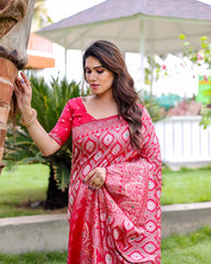 Elegant Red Color Pure Kanjivaram Pattu Saree with Heavy Zari Weaving, Rich Pallu & Contrast Blouse Piece.