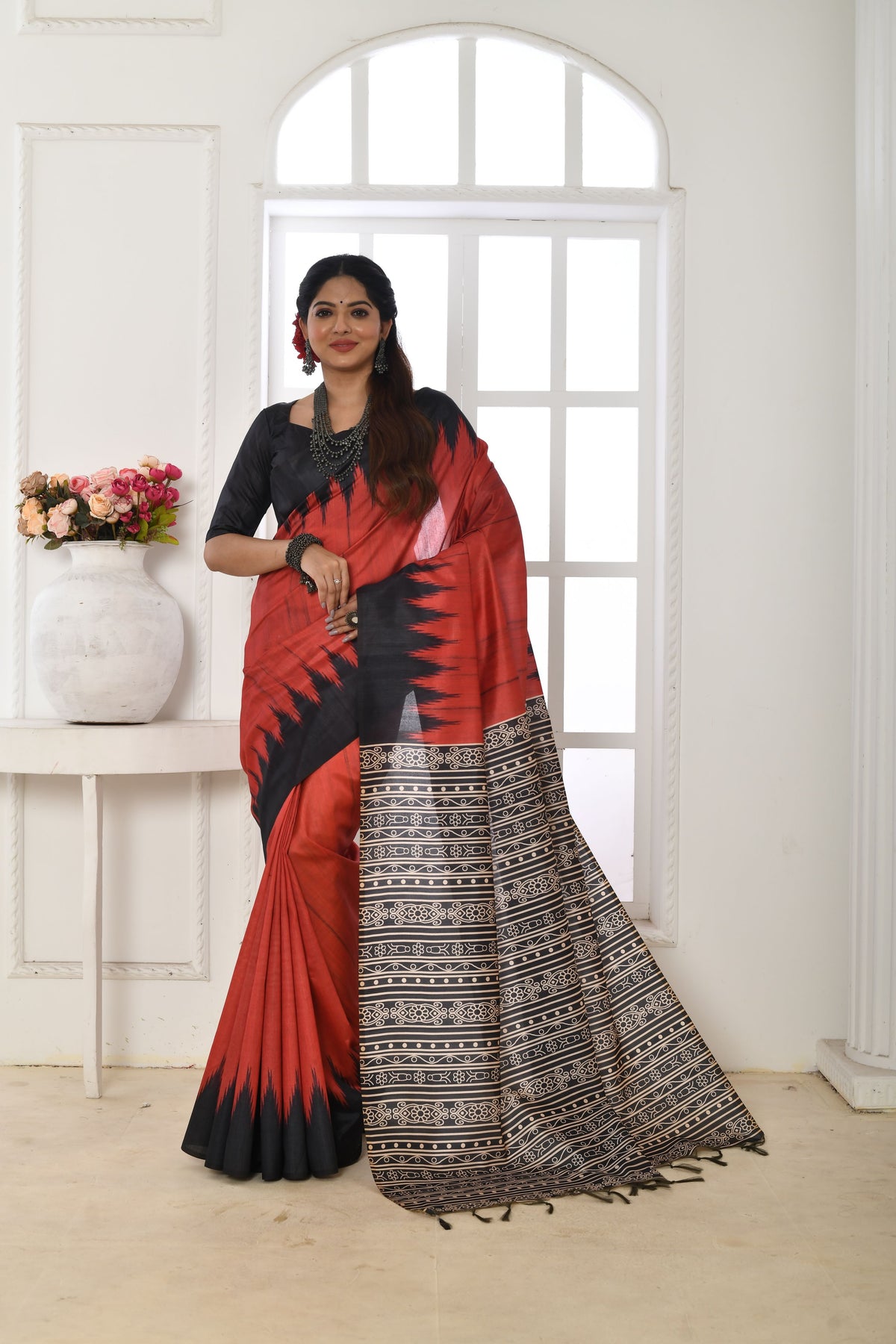 Red Soft Tussar Silk Saree with Temple Border Print