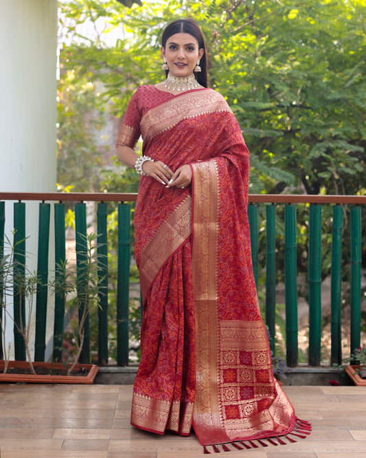 Elegant Red Handloom Silk Bandhej Patola Sarees with Kanchi Borders & Unstitched Blouse.