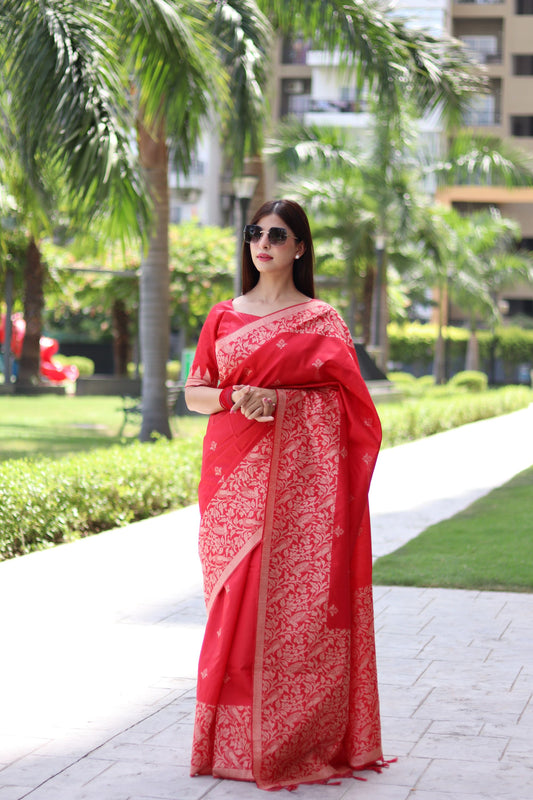 Red Bangalore Handloom Raw Silk Saree withRunning Blouse