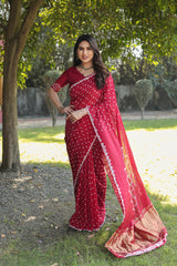 Red Bandhej Silk Saree with Bandhej Border