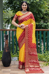 Authentic Red Pure Bandhej Silk Saree with Zari Weaving, Broad Border, Rich Pallu & Unstitched Blouse Piece.