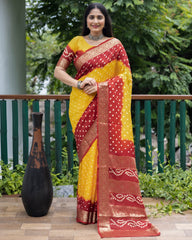 Authentic Red Pure Bandhej Silk Saree with Zari Weaving, Broad Border, Rich Pallu & Unstitched Blouse Piece.