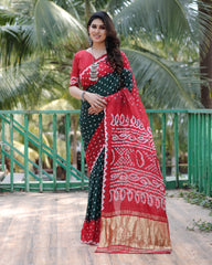 Premium Red Pure Bandhej Silk Saree with Zari Weaving, Rich Tissue Pallu & Unstitched Blouse Piece.