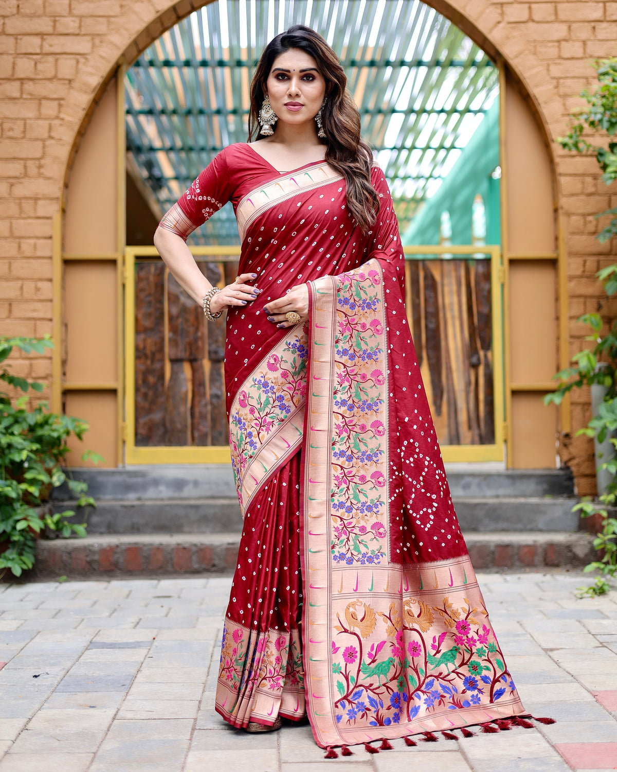 Premium Red Bandhej Paithani Silk Saree – High Quality, Stylish Design with Zari Weaving, Paithani Border, Rich Pallu, and Matching Blouse.