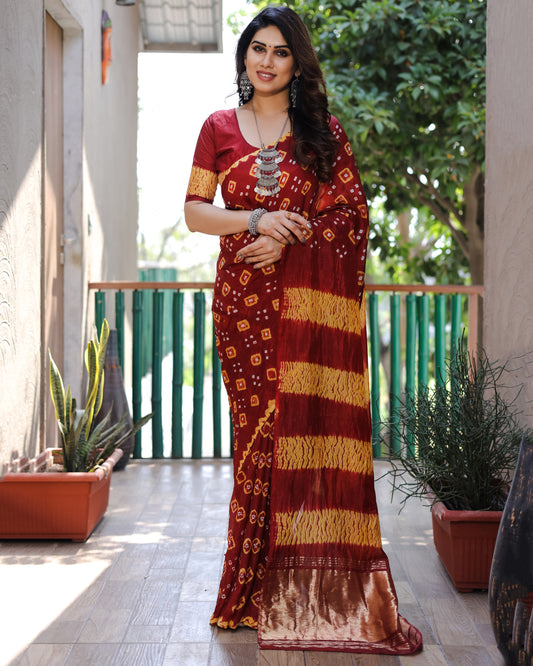 Red Bandhej Silk Saree with Tissue Pallu and Sibory Design