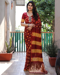 Authentic Red Bandhej Silk Saree with Zari Weaving, Rich Tissue Pallu, Sibory Design & Matching Blouse.