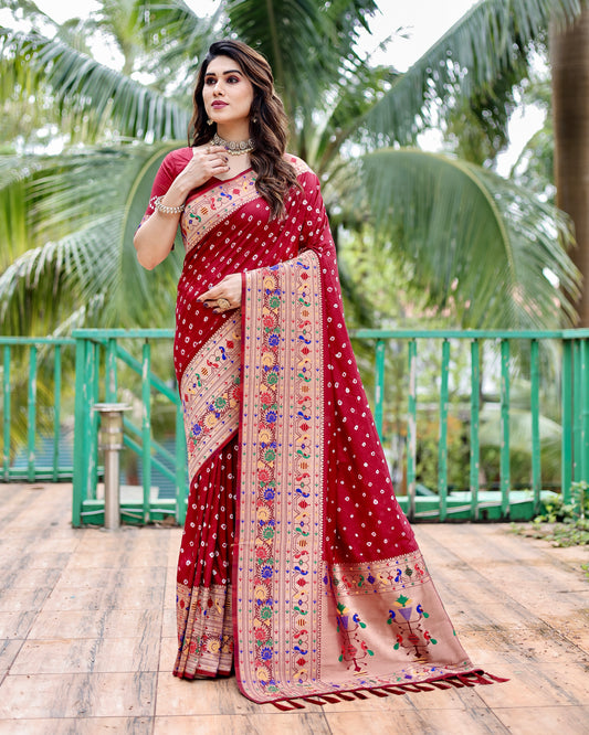 Premium Red Bandhej Paithani Silk Saree with Zari Weaving, Rich Pallu & Matching Blouse – Elegant and Comfortable Designer Drapes.