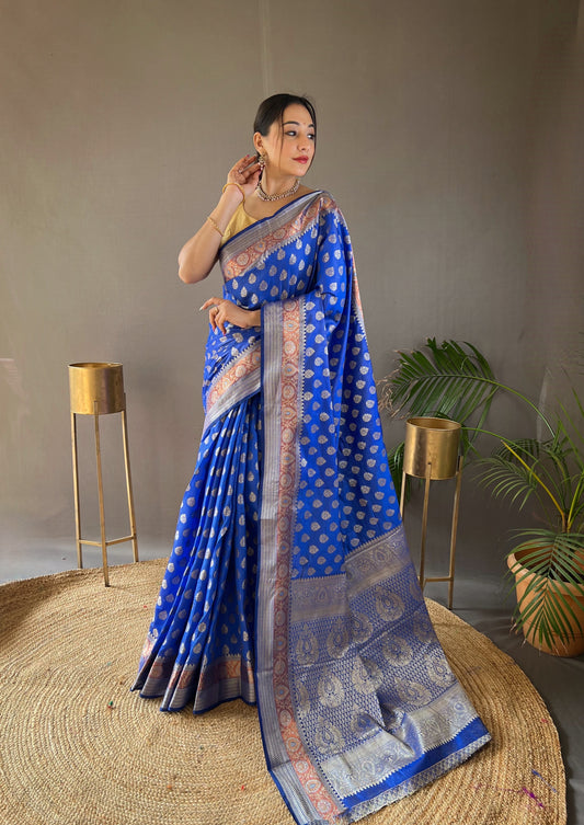 Royal Blue Color Rosy Soft Silk Saree with Beautiful Border, Rich Pallu & Full Brocade | Unstitched Blouse Included.