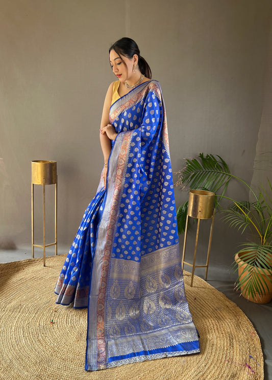 Royal Blue Color Rosy Soft Silk Saree with Beautiful Border, Rich Pallu & Full Brocade | Unstitched Blouse Included.