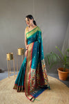 Rama Color Elegant Paithani Weaving Saree with Ganga Jamuna Border: Rich Pallu, All-Over Buttis & Unstitched Blouse Piece.