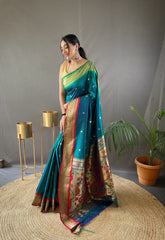 Rama Color Elegant Paithani Weaving Saree with Ganga Jamuna Border: Rich Pallu, All-Over Buttis & Unstitched Blouse Piece.