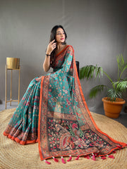 Rama Color Malai Cotton Saree with Kalamkari Print