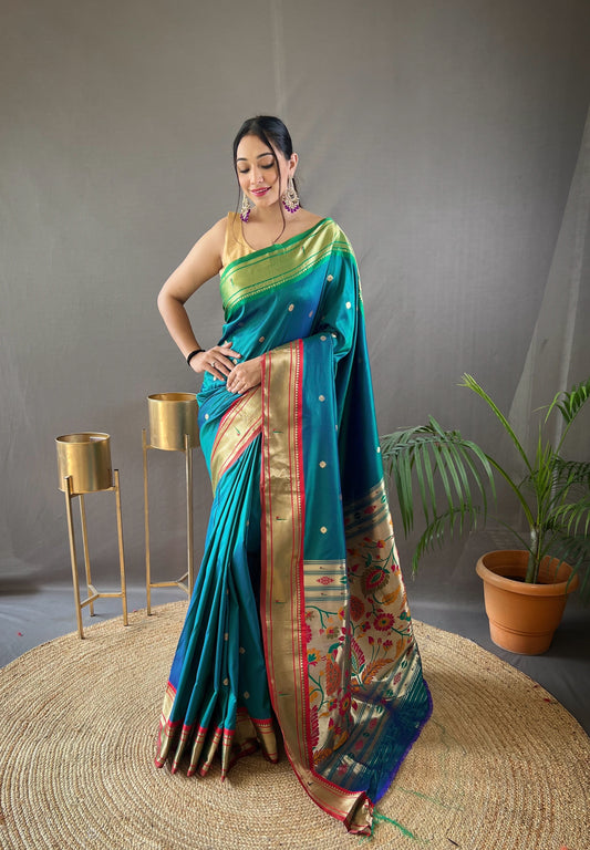 Rama Color Paithani Weaving Saree with Ganga Jamuna Border