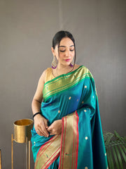 Rama Color Elegant Paithani Weaving Saree with Ganga Jamuna Border: Rich Pallu, All-Over Buttis & Unstitched Blouse Piece.