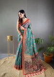 Rama Color Malai Cotton Saree with Kalamkari Print