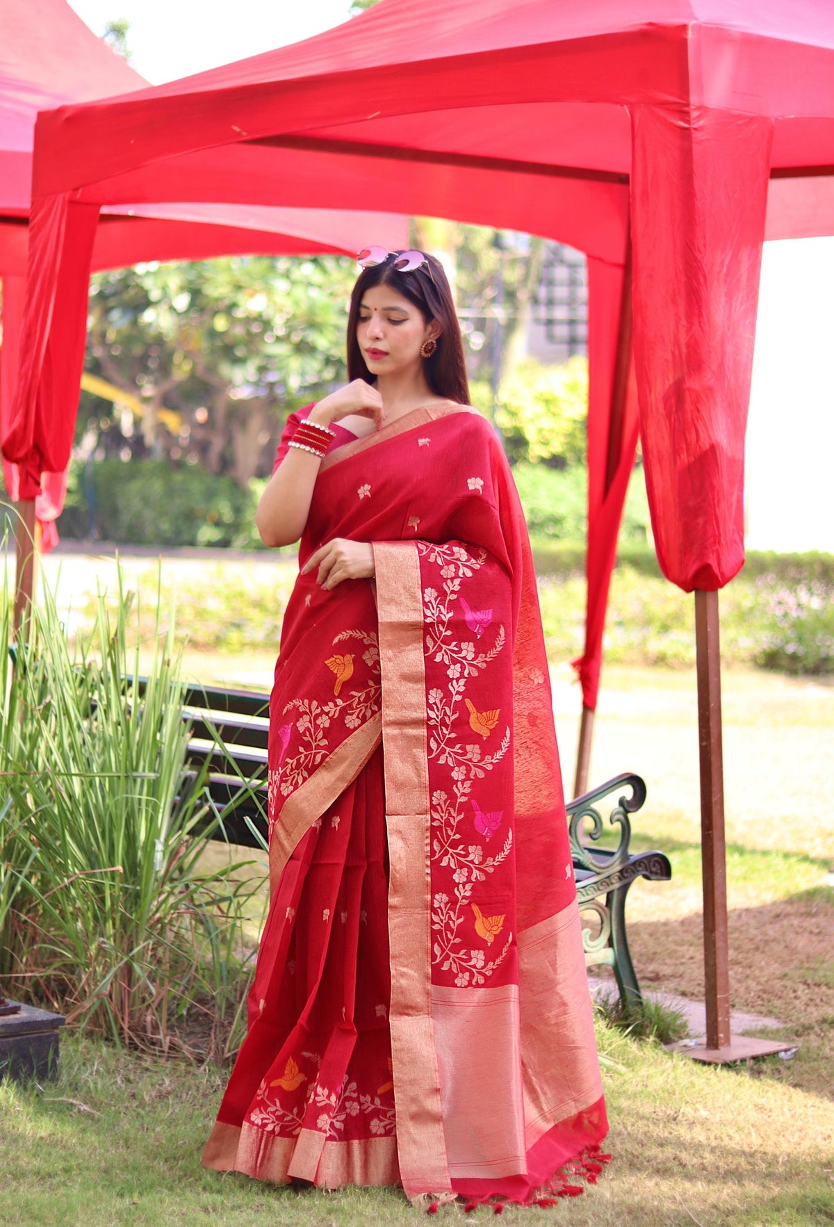 Resham Silk Red Linen Saree