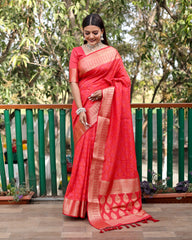 Exquisite Red Pure Silk Bandhej Patola Sarees Featuring Rich Zari Weaving and Contrasting Borders With Unstitched Blouse Piece.