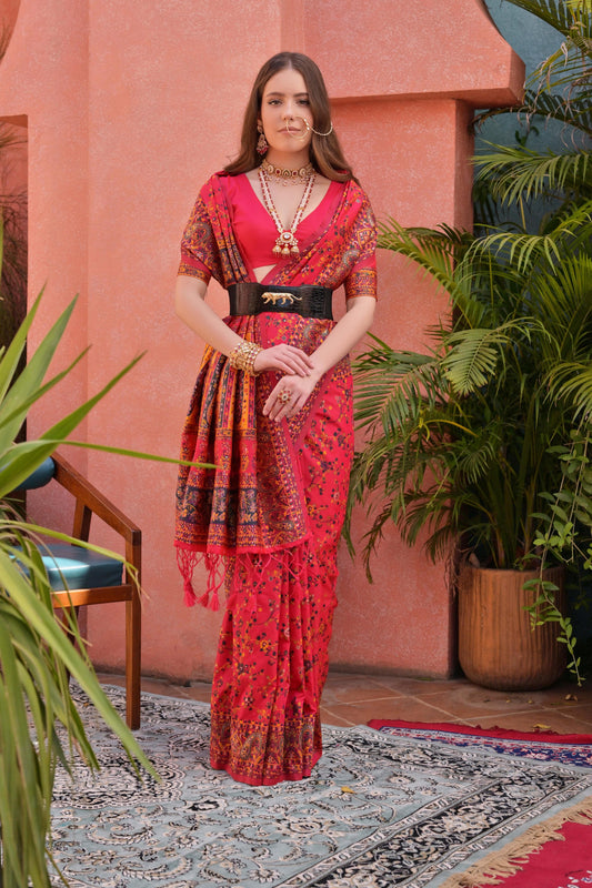 Luxurious Red Extra Soft Pashmina Silk Saree with Vibrant Kashmiri Jal Weaving Pattern and Elegant Tassels.