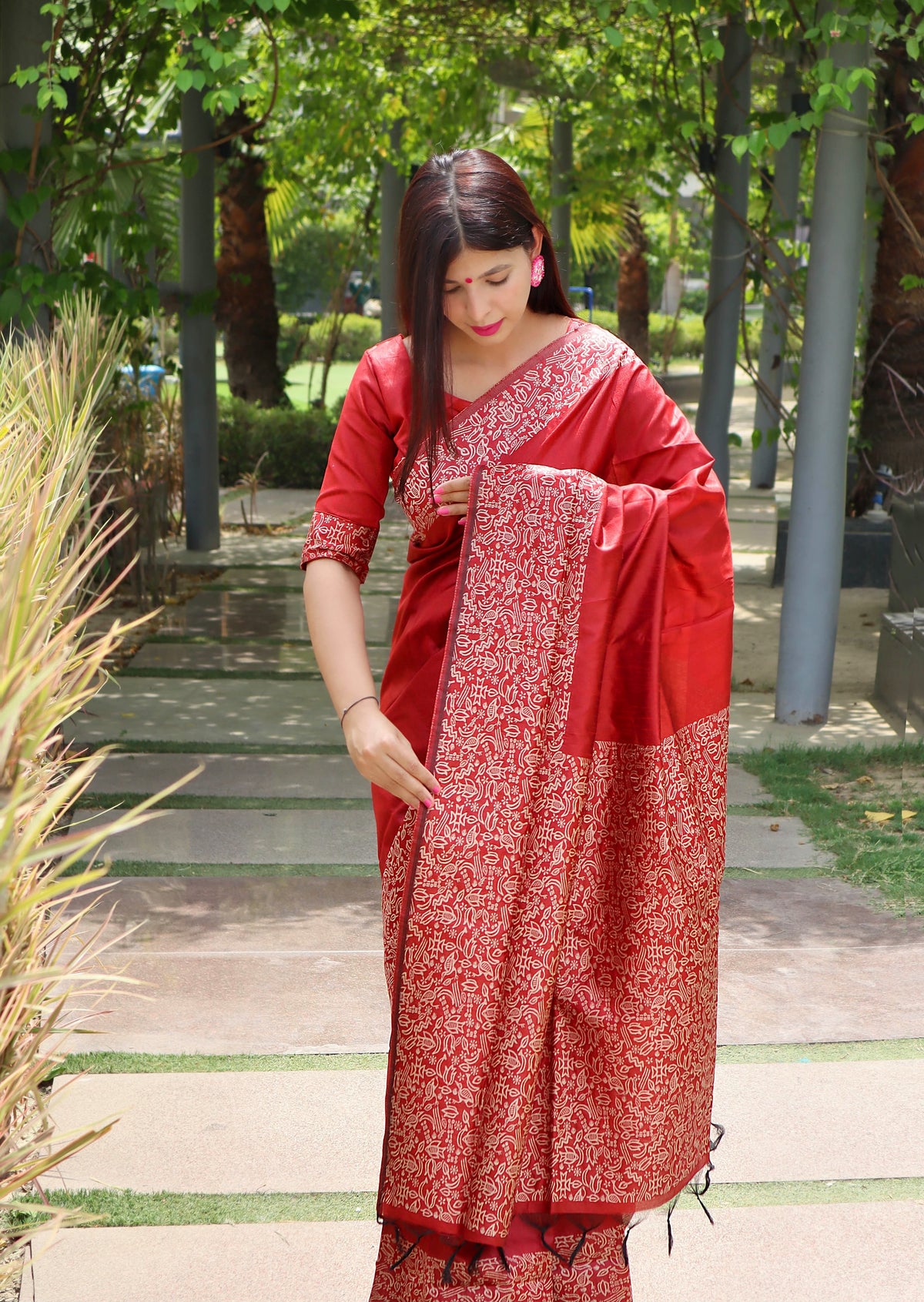 Red Kalamkari Bangalori Handloom Raw Silk Weaving Saree