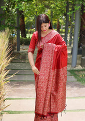 Red Kalamkari Bangalori Handloom Raw Silk Weaving Saree