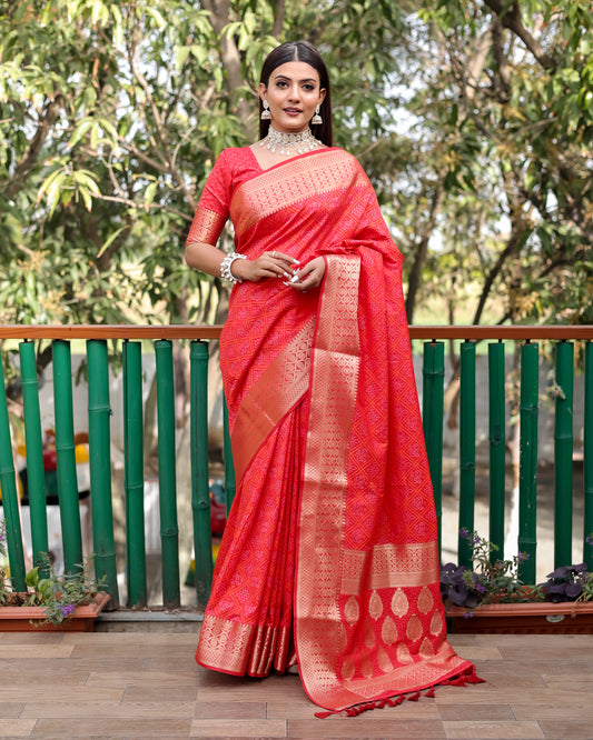 Exquisite Red Pure Silk Bandhej Patola Sarees Featuring Rich Zari Weaving and Contrasting Borders With Unstitched Blouse Piece.