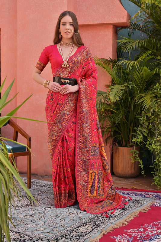 Luxurious Red Extra Soft Pashmina Silk Saree with Vibrant Kashmiri Jal Weaving Pattern and Elegant Tassels.